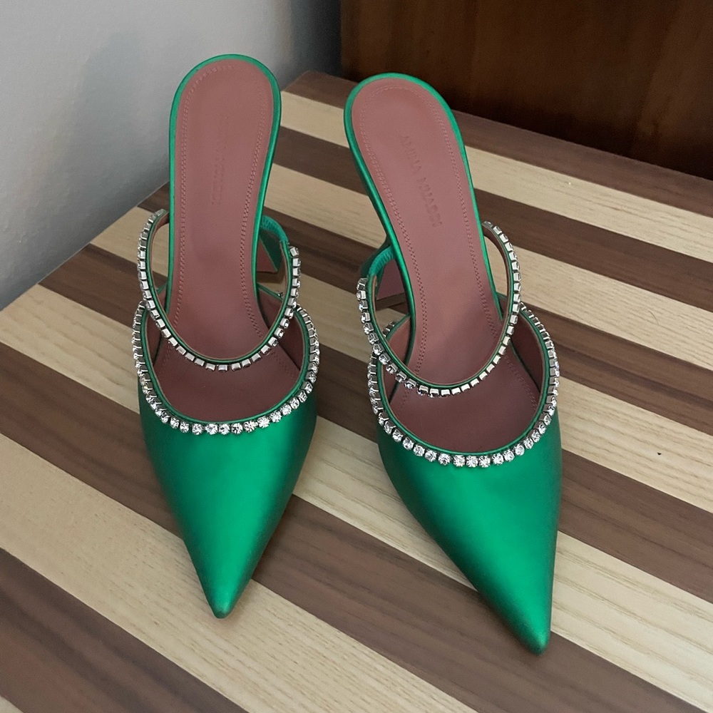 Amina Muaddi Gilda Embellished Satin Mules - Green 37.5